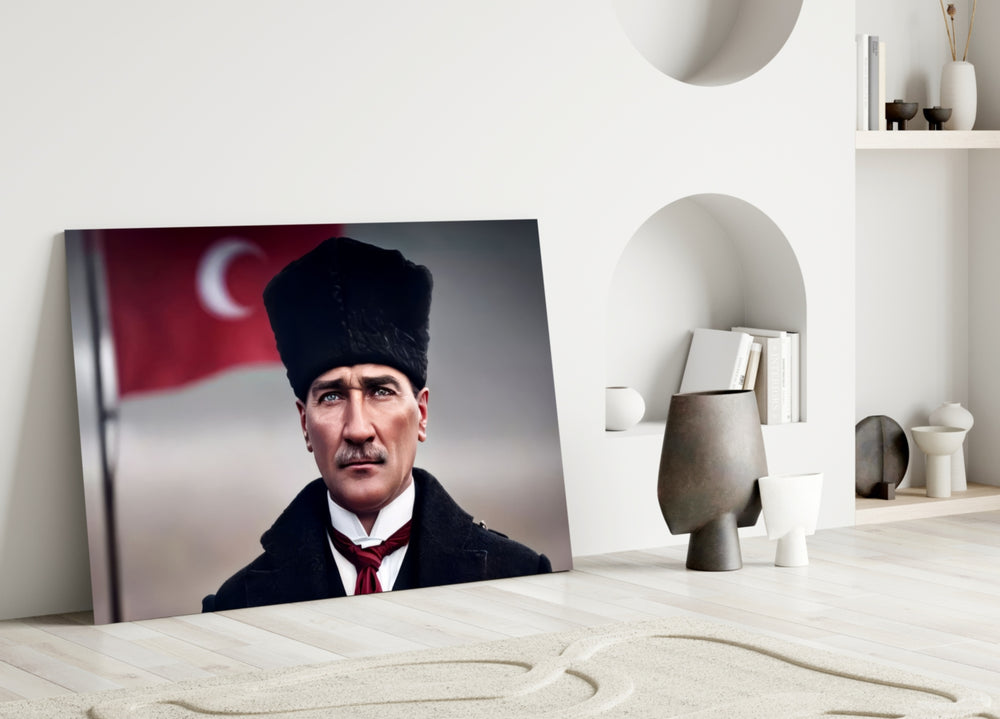 Close-up detail of Atatürk kalpak portrait behind glass
