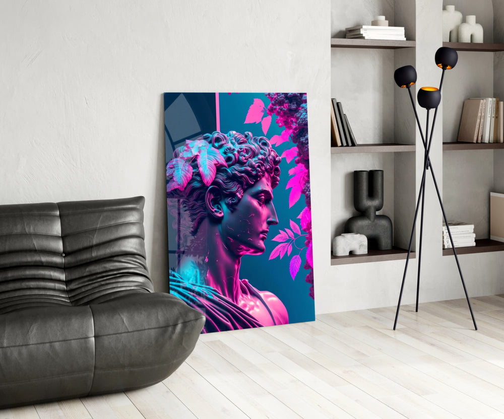 Synthwave glass print bringing neon edge to a moody bedroom