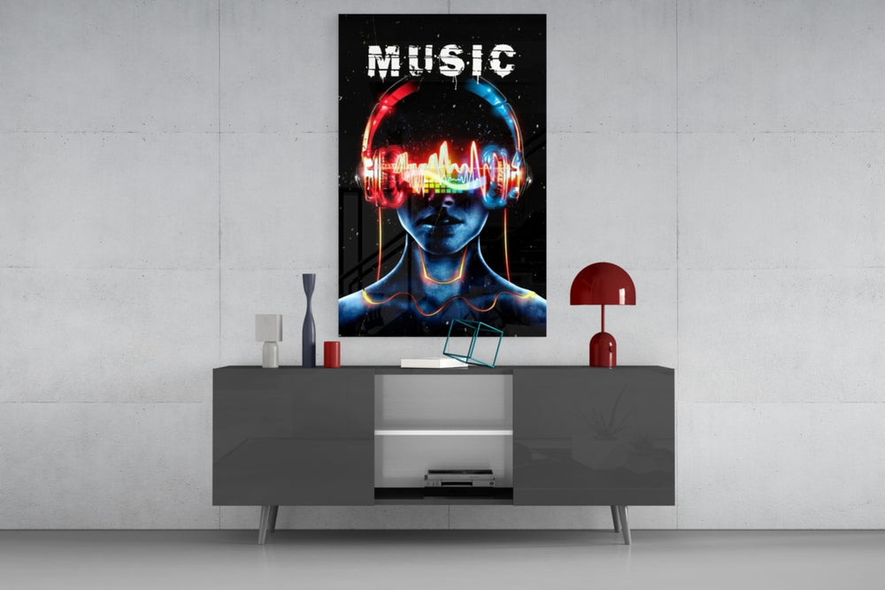Music glass wall art catching light to reveal its painted waveform