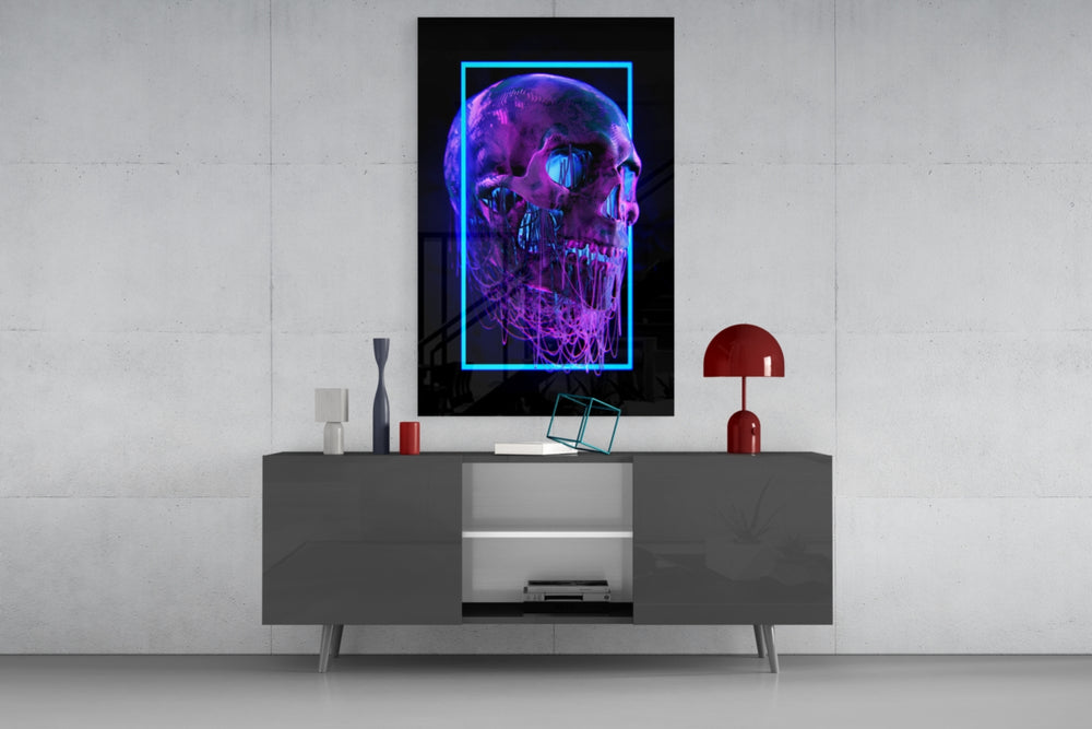 Skull glass wall art catching light to reveal its painted wire