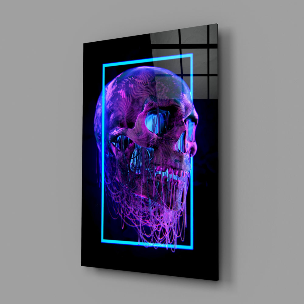 Neon-skull panel anchoring a moody bedroom wall