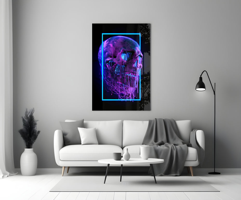 Close-up detail of magenta wireframe skull behind glass