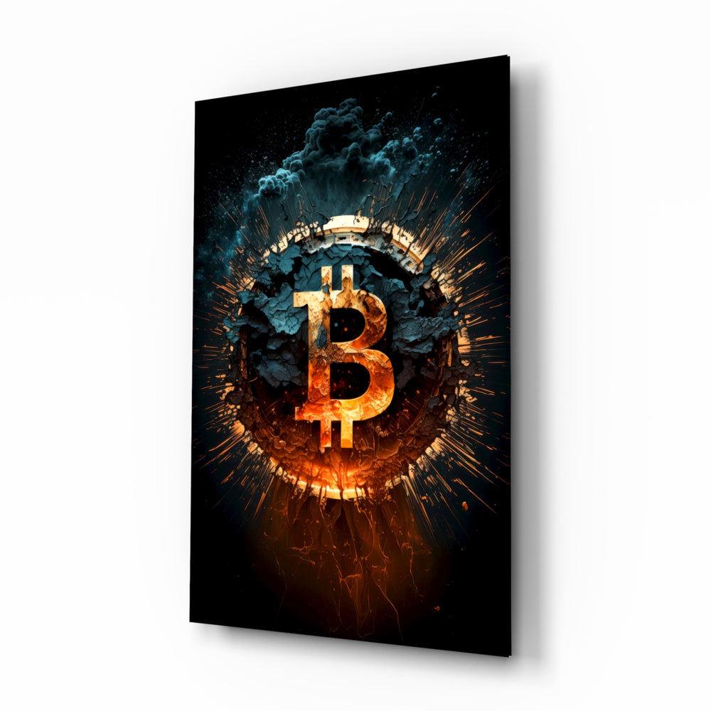 Bitcoin glass wall art in a modern home office