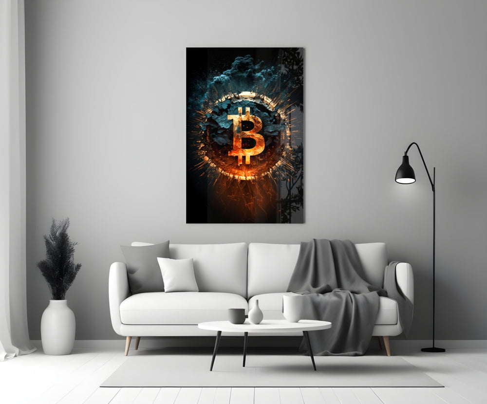 Close-up detail of Bitcoin ember explosion behind glass