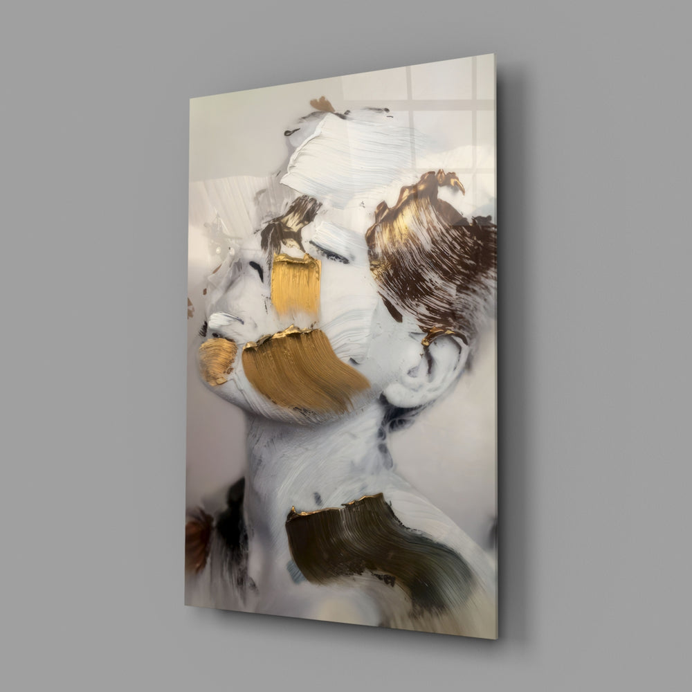 Abstract portrait panel anchoring a master bedroom wall