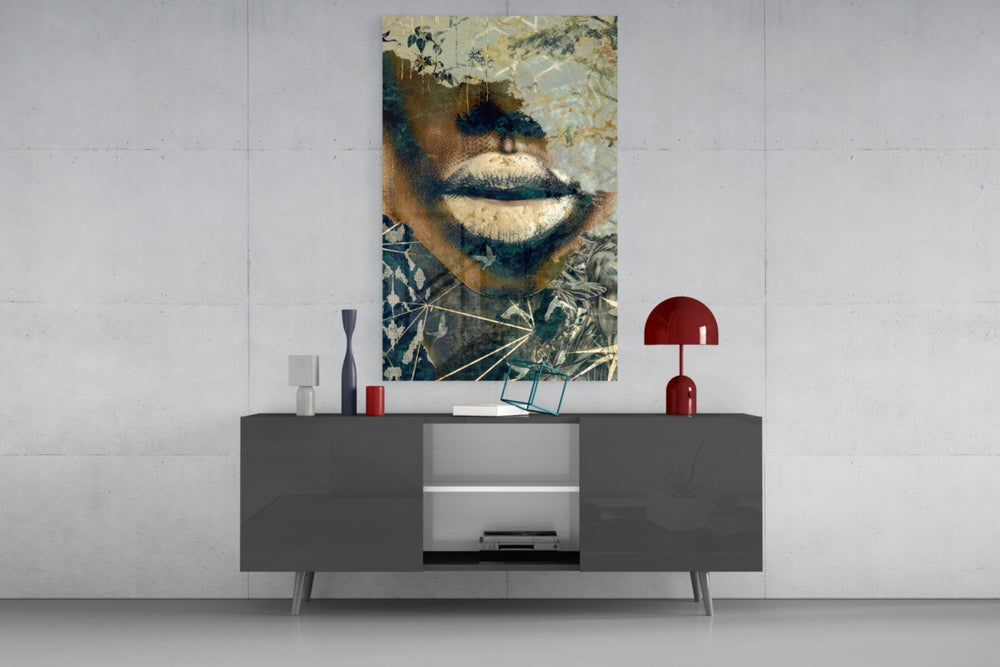 Lips glass wall art catching light to reveal its painted florals