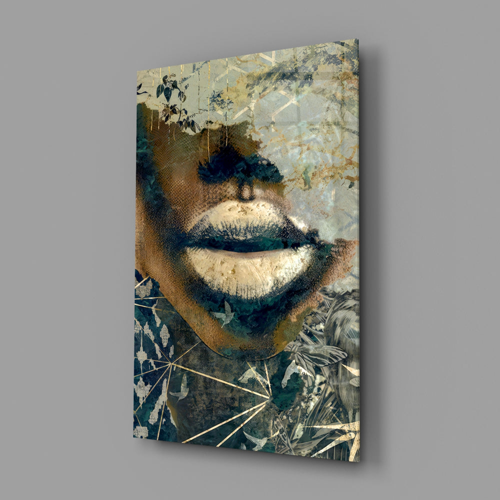 Beauty portrait panel anchoring a master bedroom wall