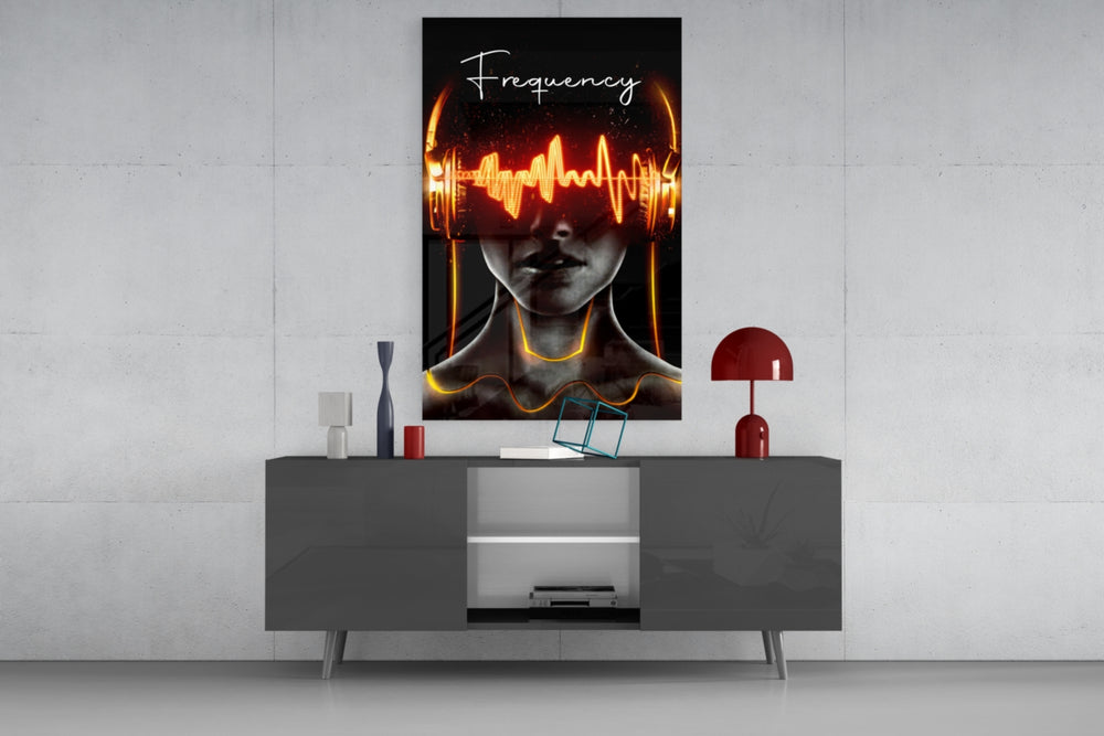 Frequency glass wall art catching light to reveal its painted waveform