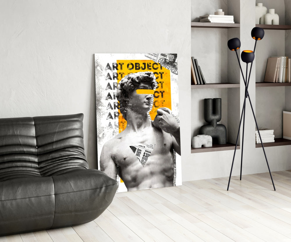 Pop-collage glass print bringing classical edge to a teen's bedroom