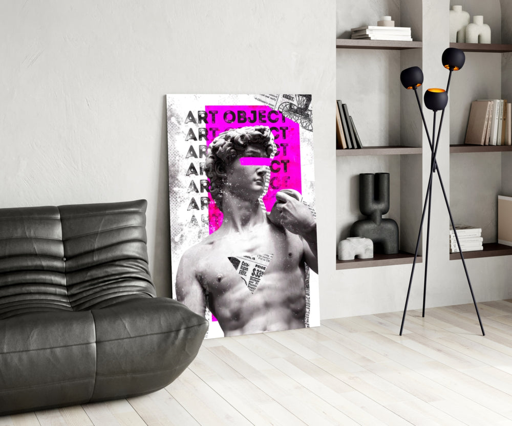 Pop-collage glass print bringing classical edge to a teen's bedroom
