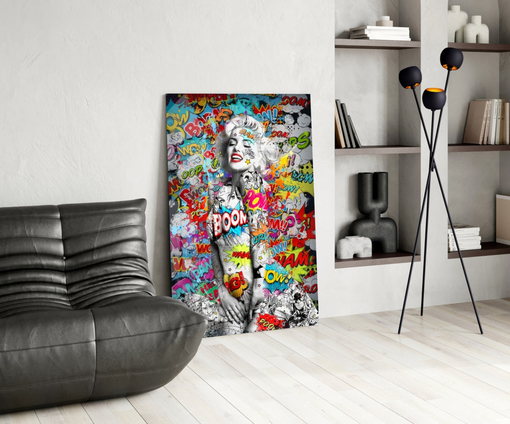 Pop-graffiti glass print bringing comic edge to a high-end bar