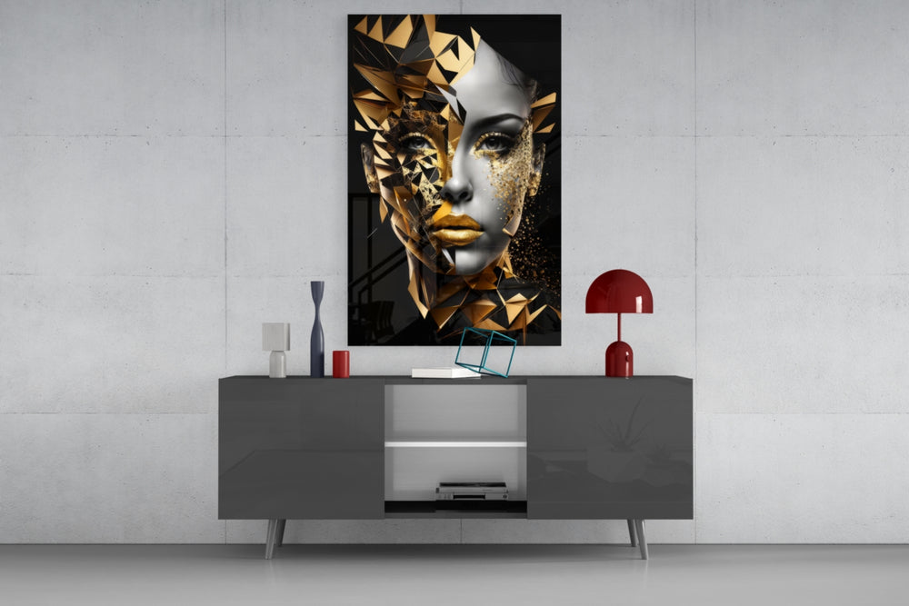 Golden Face glass wall art catching light to reveal its painted polygons