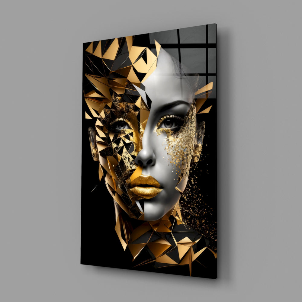 Polygon portrait panel anchoring a master bedroom wall