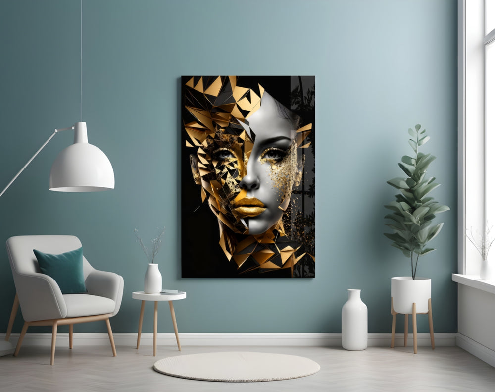 Golden Face artwork styled in a designer office interior