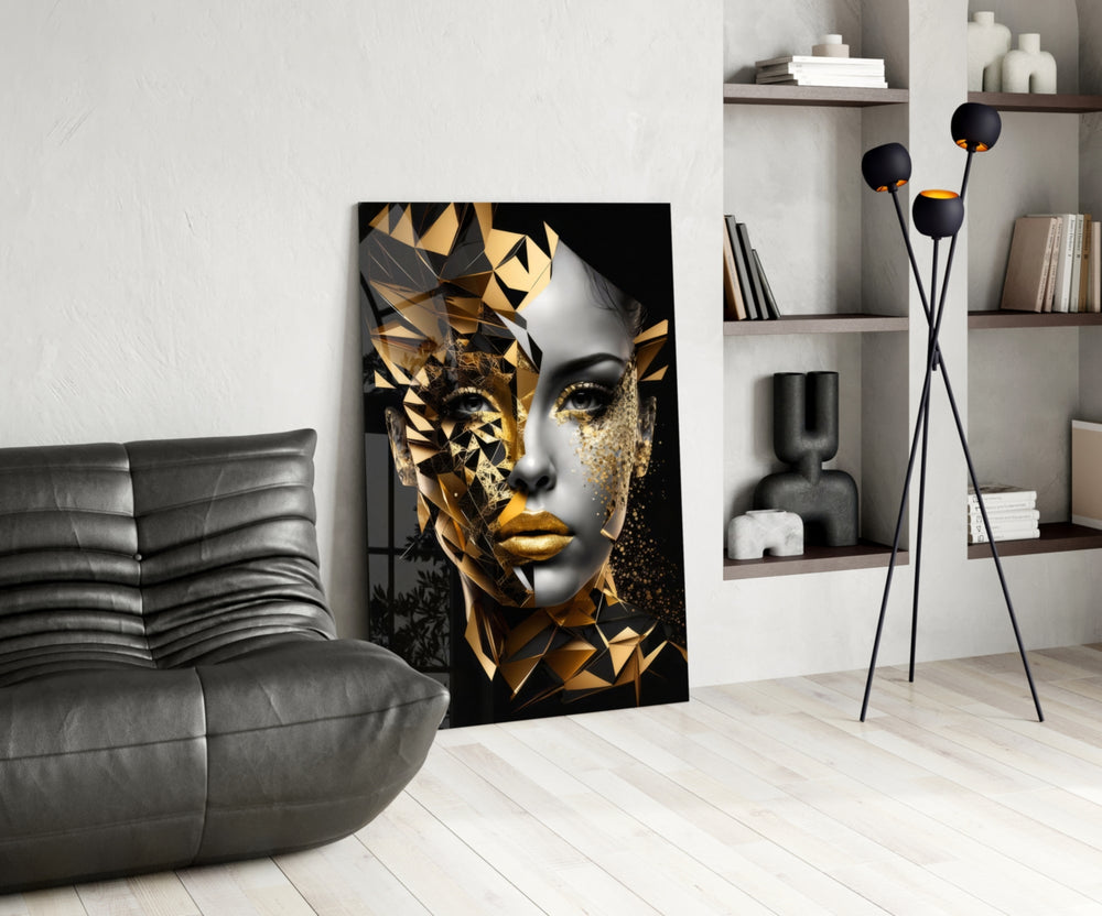 Modern-luxe glass print bringing polygon edge to a feminine living room