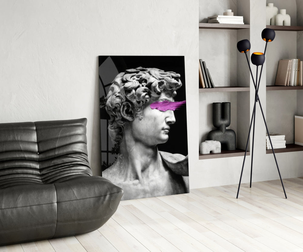 Pop-classical glass print bringing dada edge to a study