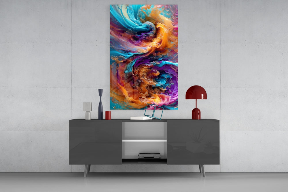 Color Dance glass wall art catching light to reveal its painted swirls