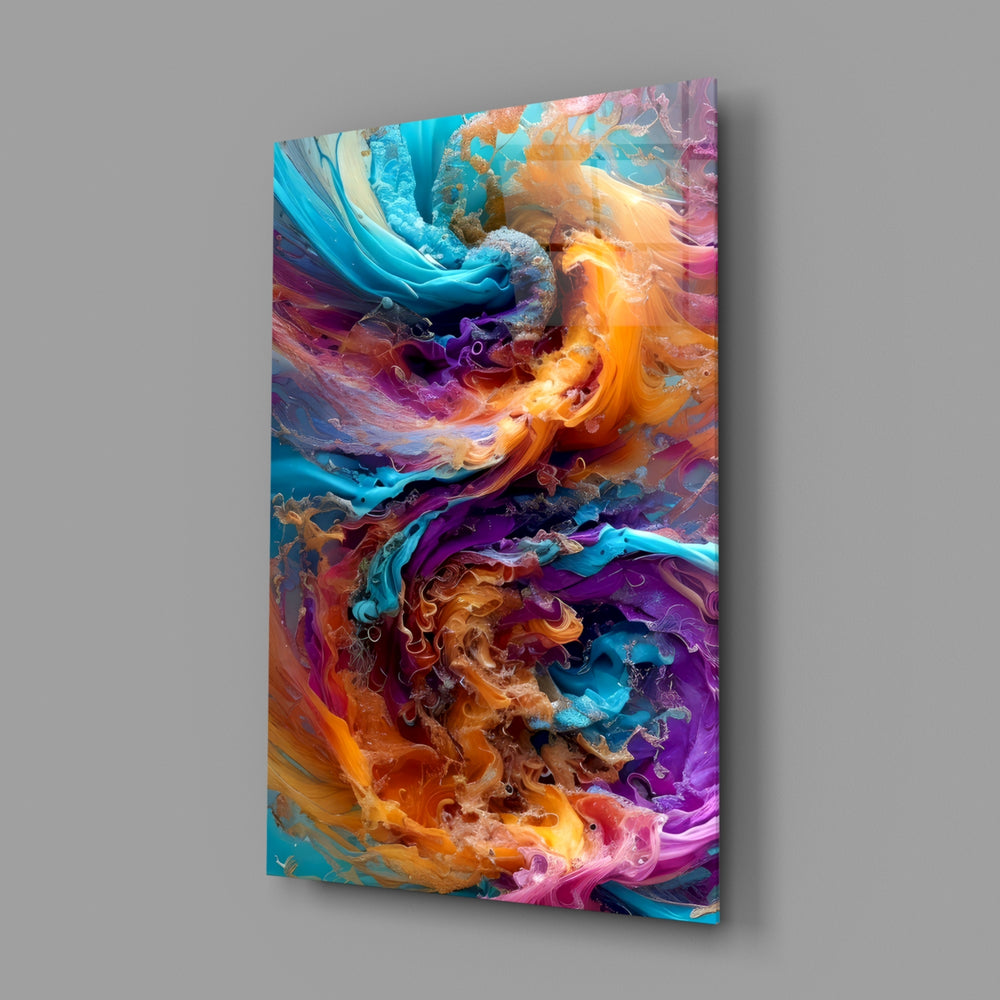 Fluid-art panel anchoring a master bedroom wall