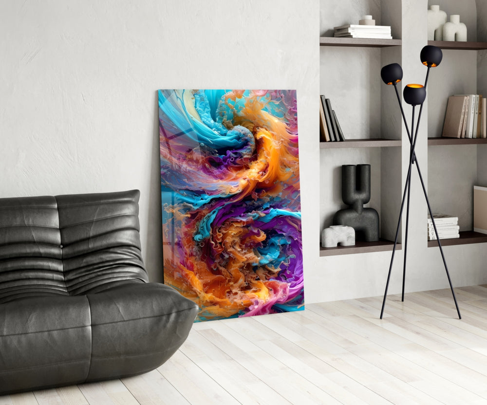 Fluid-art glass print bringing abstract edge to a feminine living room