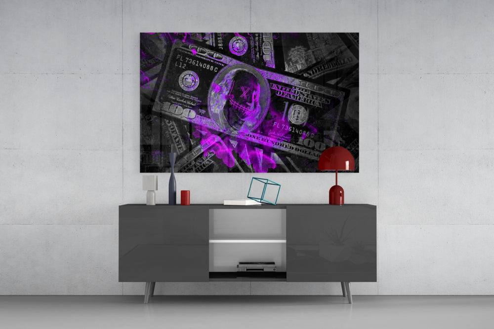 Dollars glass wall art catching light to reveal its painted flame