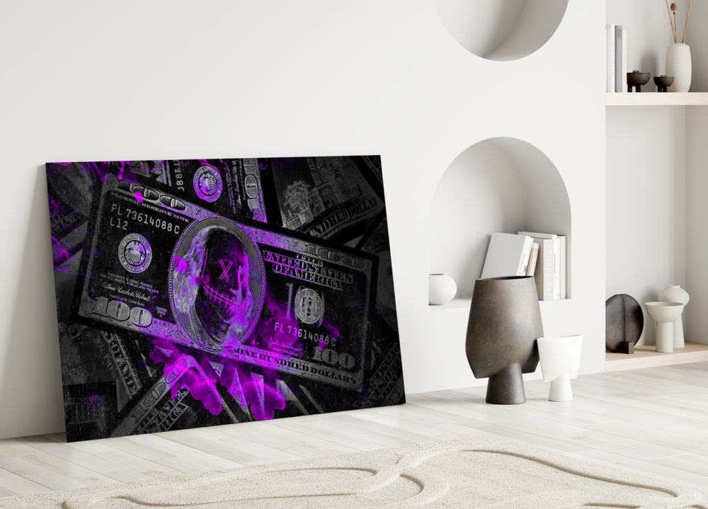 Close-up detail of magenta-skull dollar bill behind glass