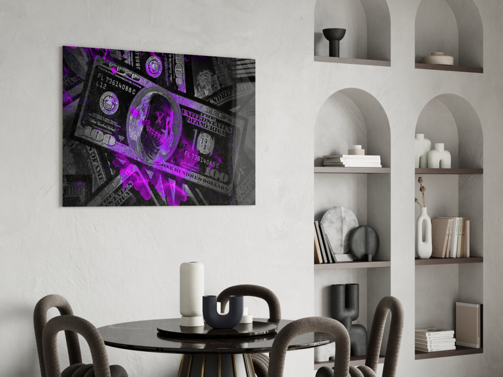 Money-motif glass print bringing hustle edge to a designer office
