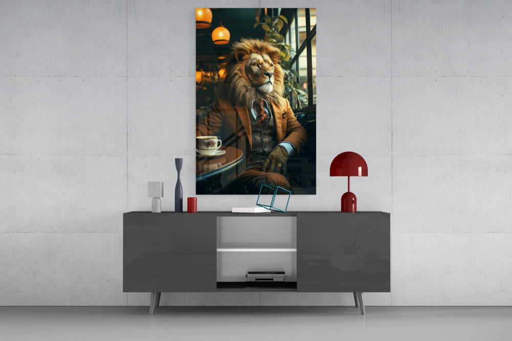 Lion Gentleman glass wall art catching light to reveal its painted pendant