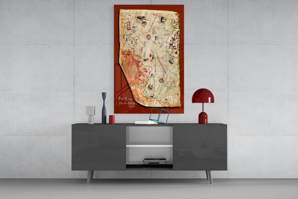 Map of Piri Reis glass wall art catching light to reveal its painted parchment