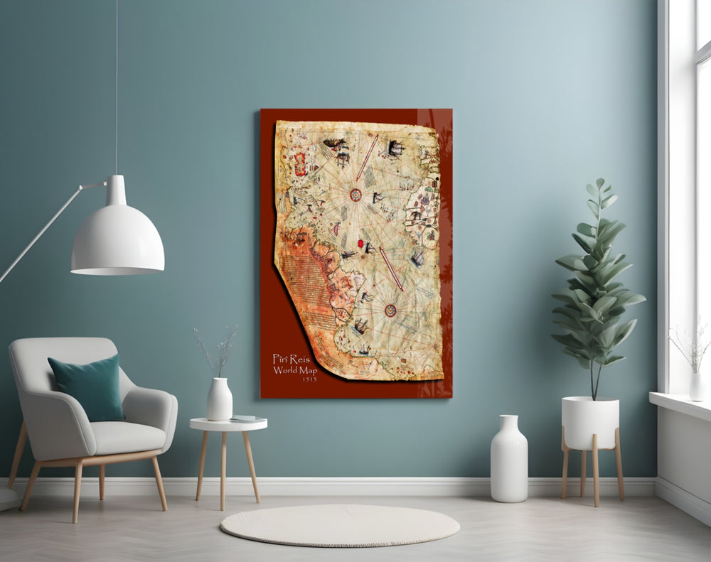 Map of Piri Reis artwork styled in a designer office interior