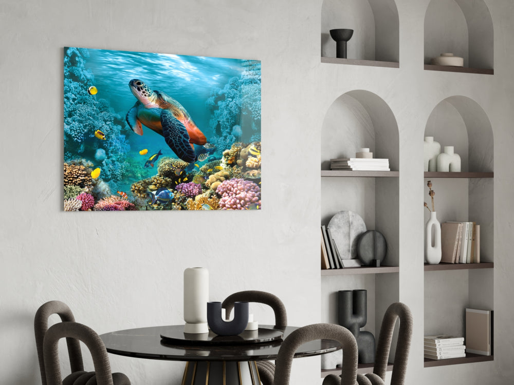 Underwater glass print bringing tropical edge to a bathroom