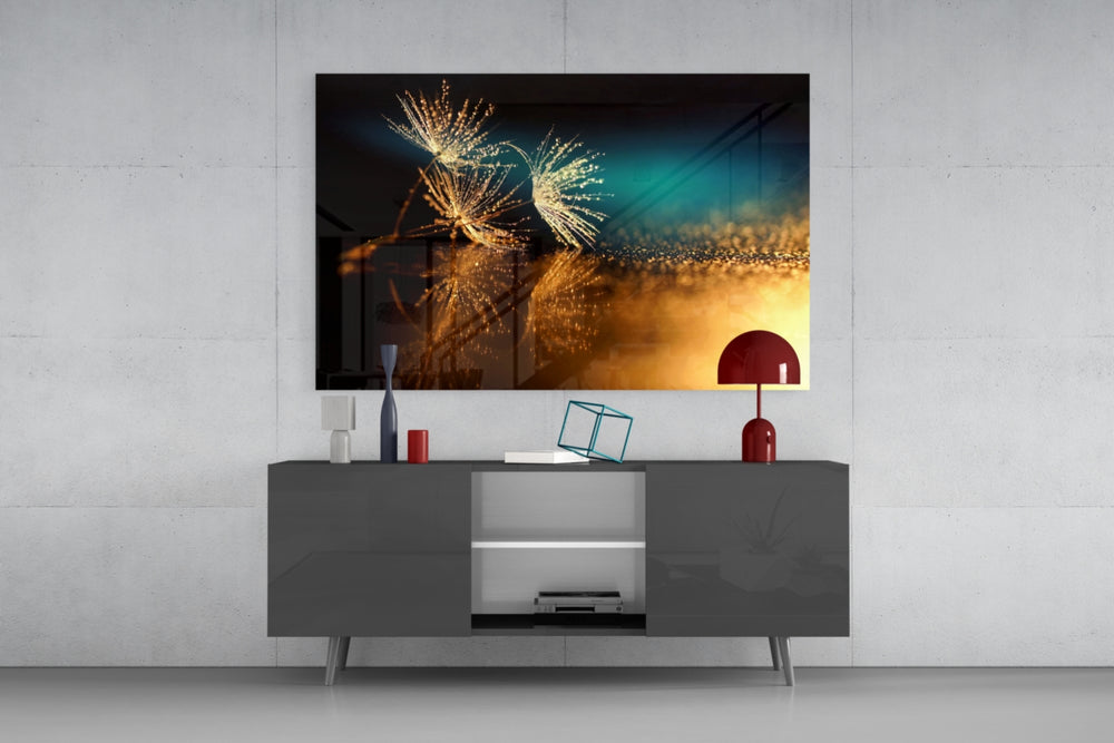 Gold Dust glass wall art catching light to reveal its painted dewdrops