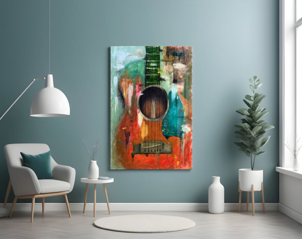 Guitar artwork styled in a designer office interior