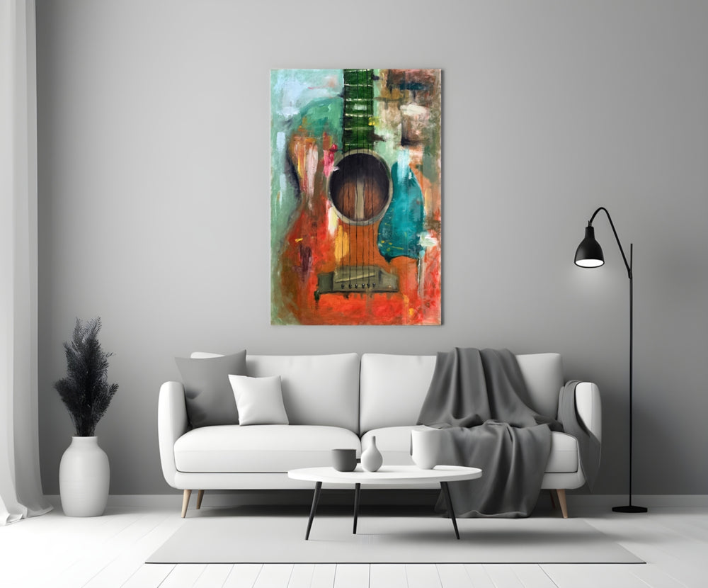 Close-up detail of painterly Guitar behind glass
