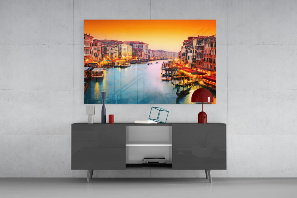 Venice glass wall art catching light to reveal its painted gondola