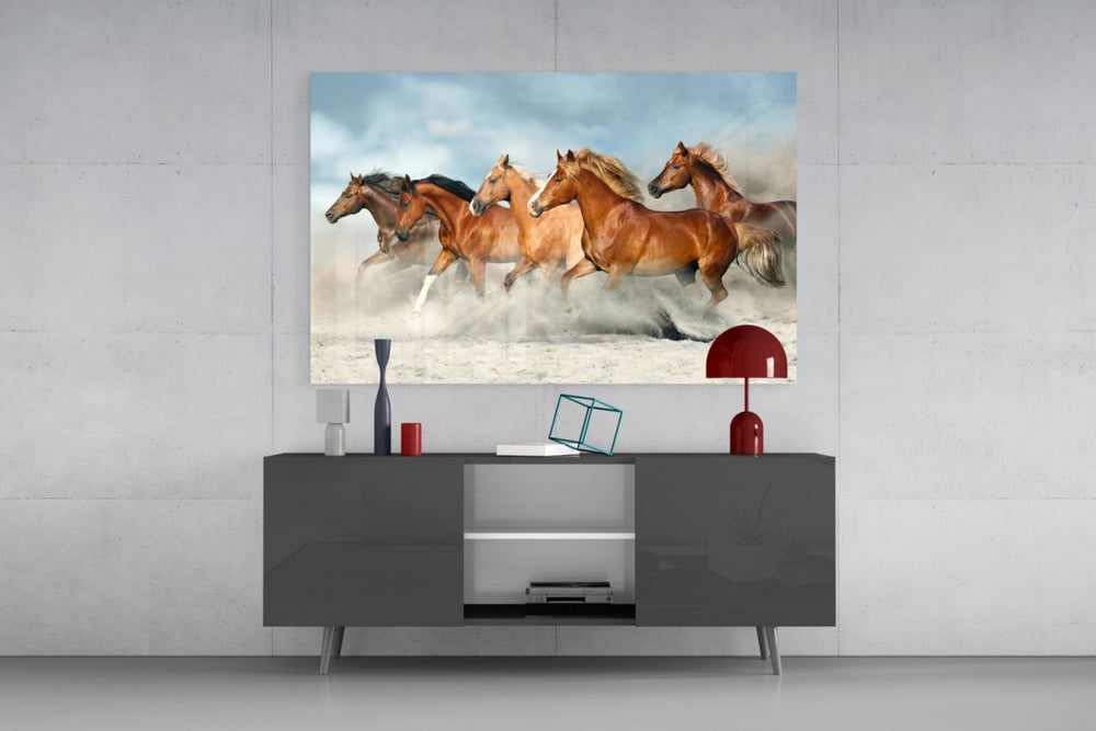 Horses glass wall art catching light to reveal its painted dust