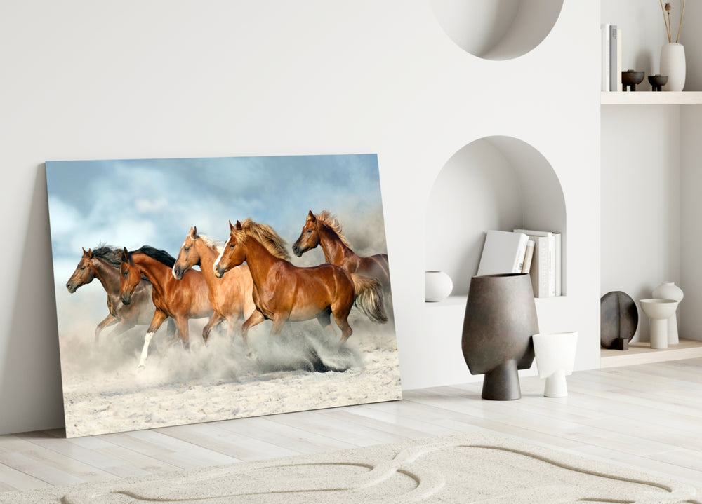 Close-up detail of galloping chestnut herd behind glass