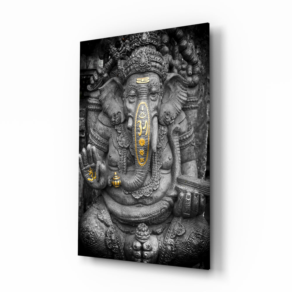 Ganesha glass wall art in a quiet meditation room