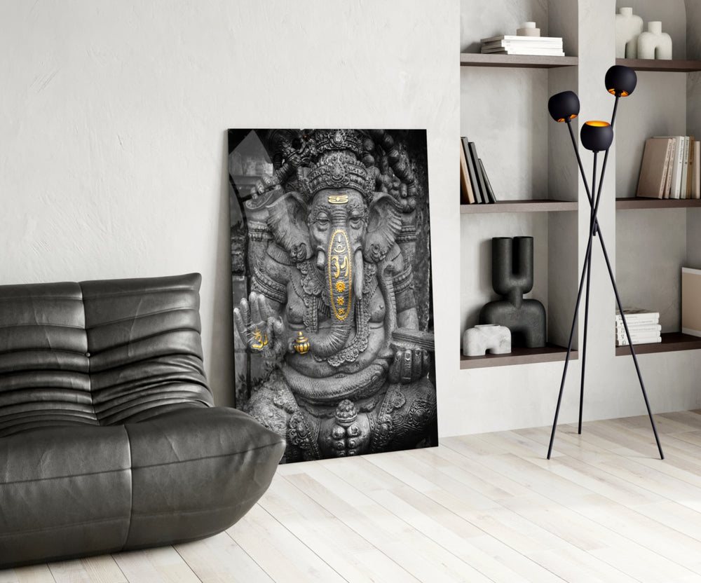 Sacred glass print bringing devotional edge to a hospitality interior