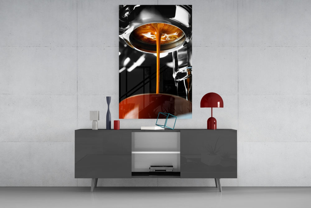 Coffee glass wall art catching light to reveal its painted portafilter