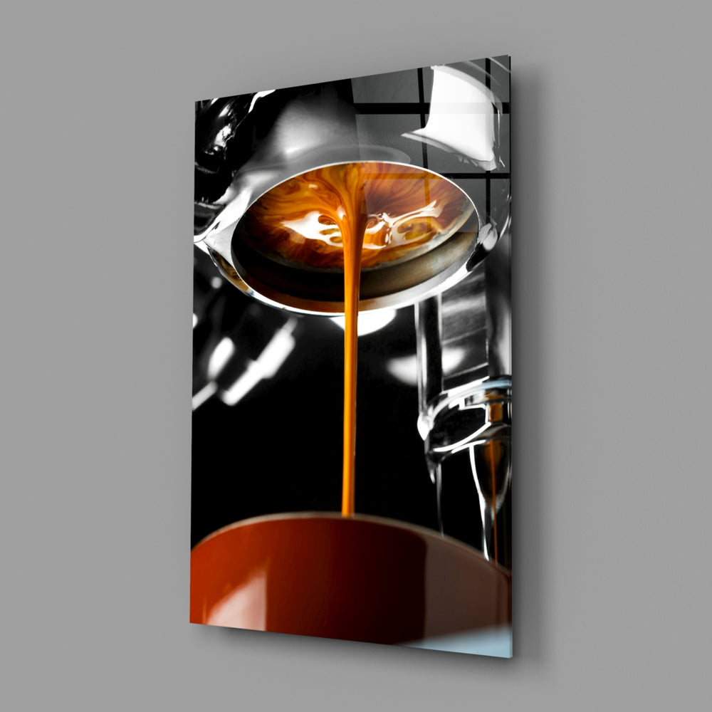 Coffee photograph panel anchoring a high-end bar wall