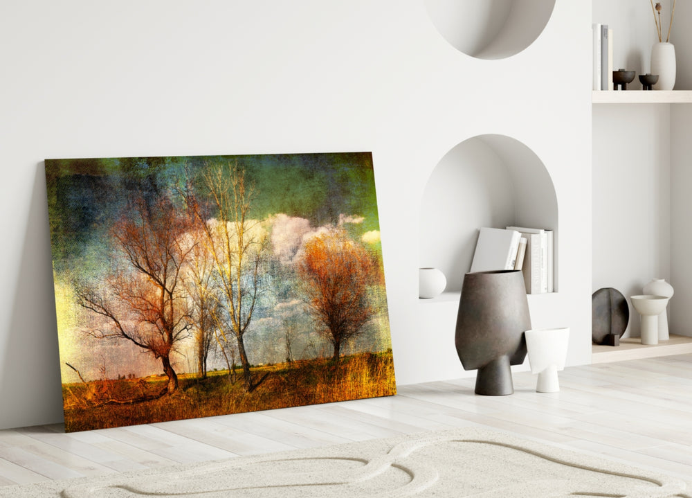 Close-up detail of painterly autumn trees behind glass