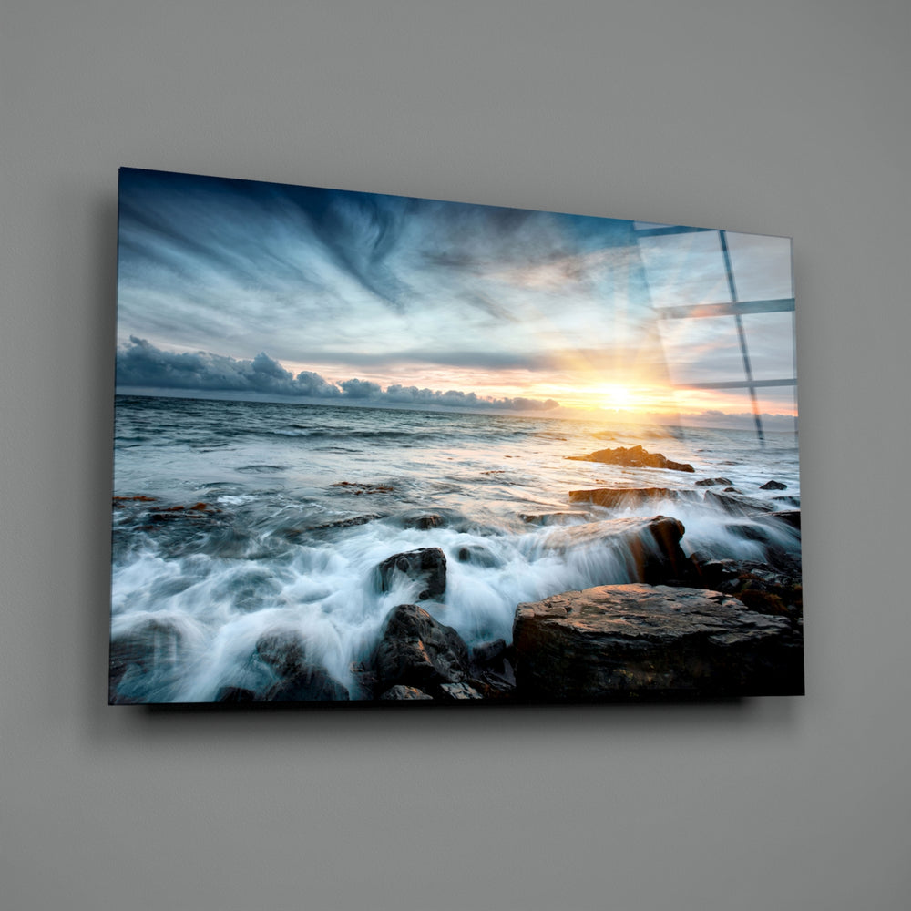 Seascape panel anchoring a master bedroom wall