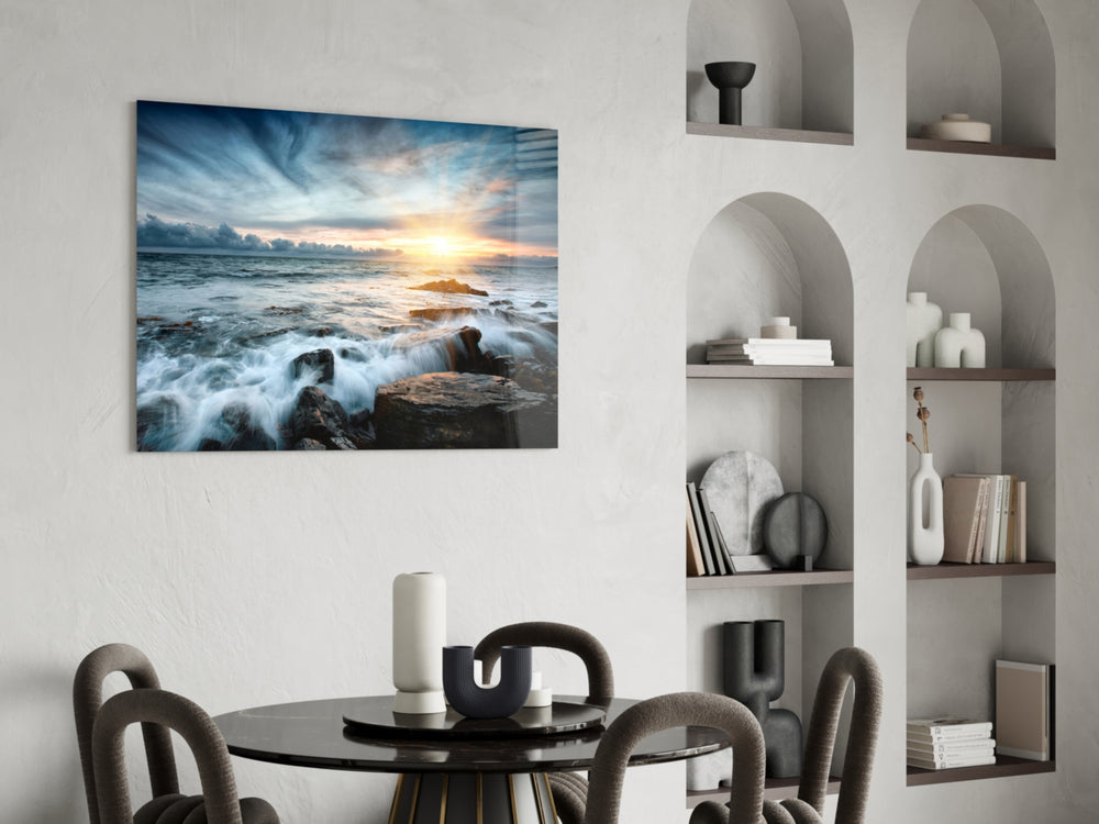 Seascape glass print bringing coastal edge to a hospitality interior