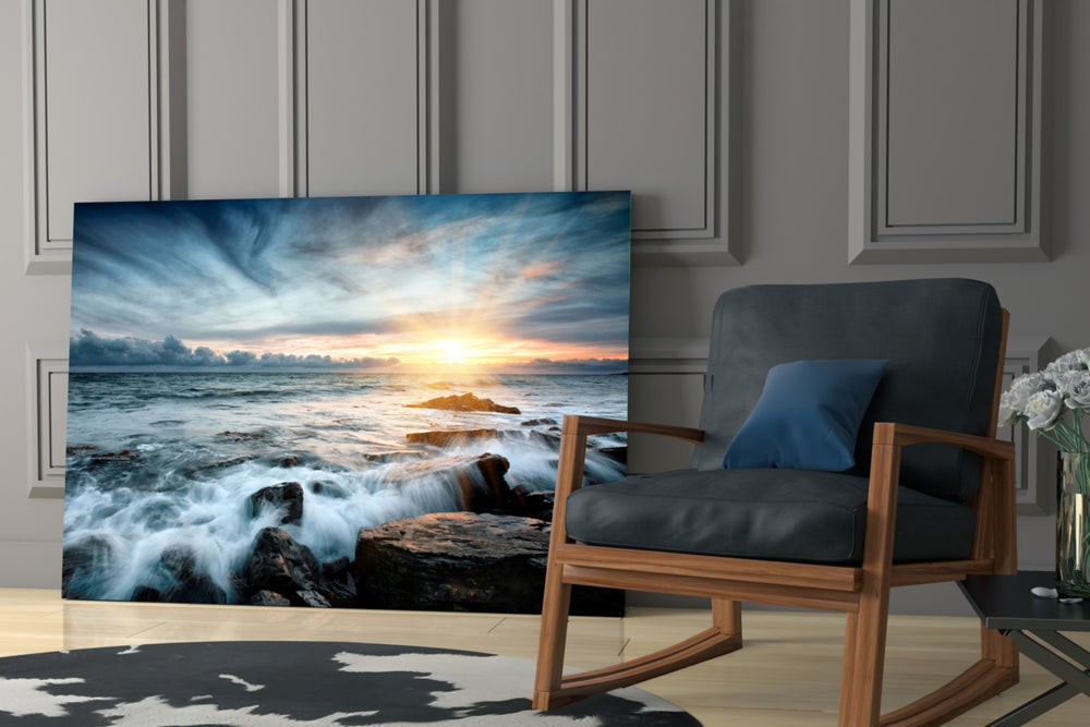 Seascape yatay panel against a sky-blue painted accent wall