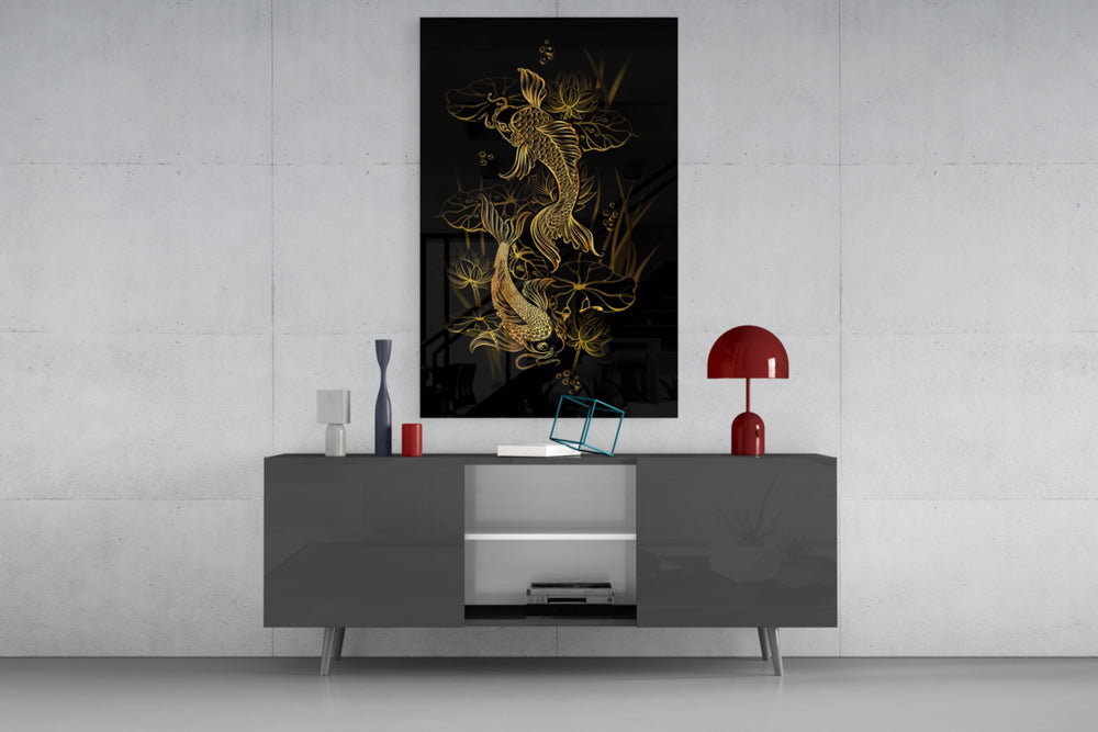 Ying Yang glass wall art catching light to reveal its painted gold