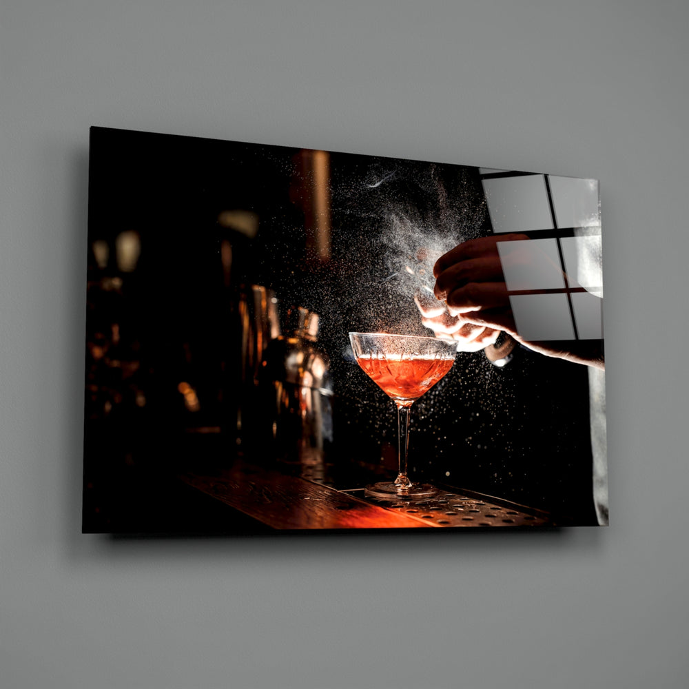 Bar photograph panel anchoring a kitchen island wall