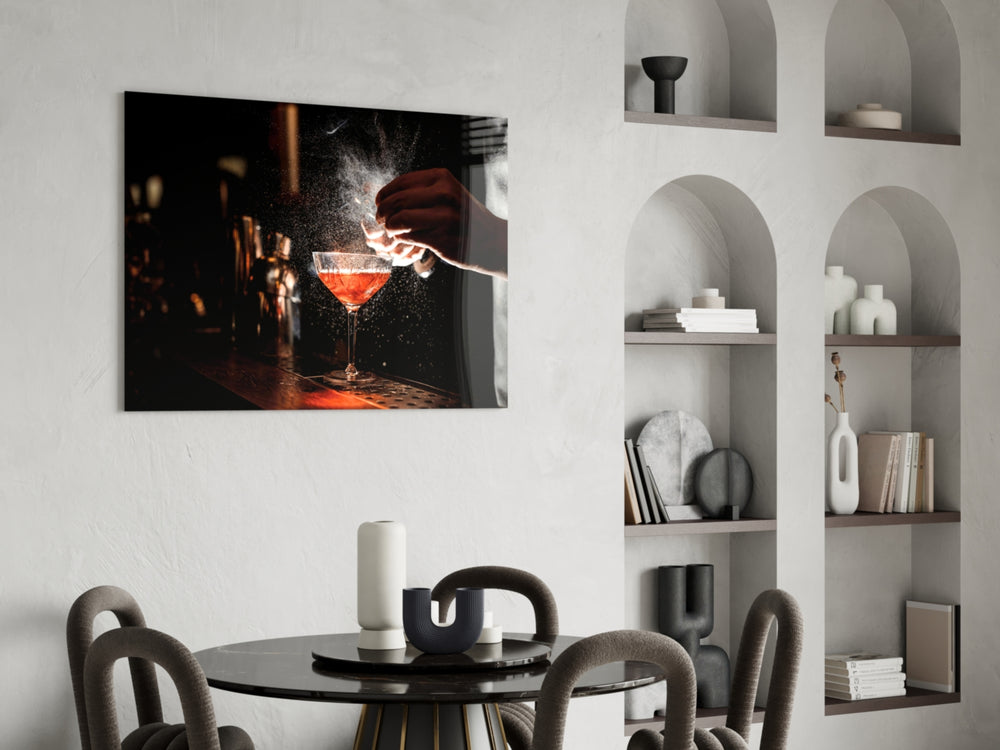 Bar glass print bringing dining edge to a moody dining room