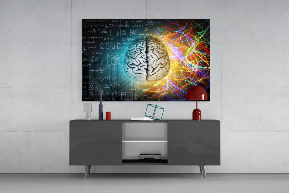 Brain glass wall art catching light to reveal its painted neon