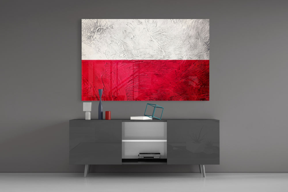 Flag of Poland glass wall art catching light to reveal its painted plaster