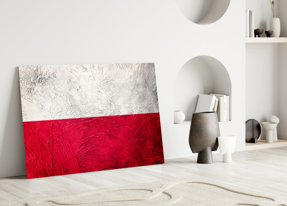 Close-up detail of impasto Polish flag behind glass